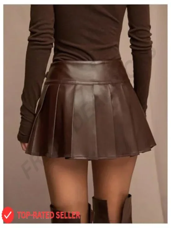 Pleated Leather Skirt Flared Buckle Belted Y2K A Line Mini Skirts Chic Edgy - Picture 2 of 5
